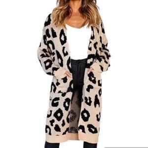 NWT  Angashion Leopard Print Long Open Front Cardigan Size L- Free shipping